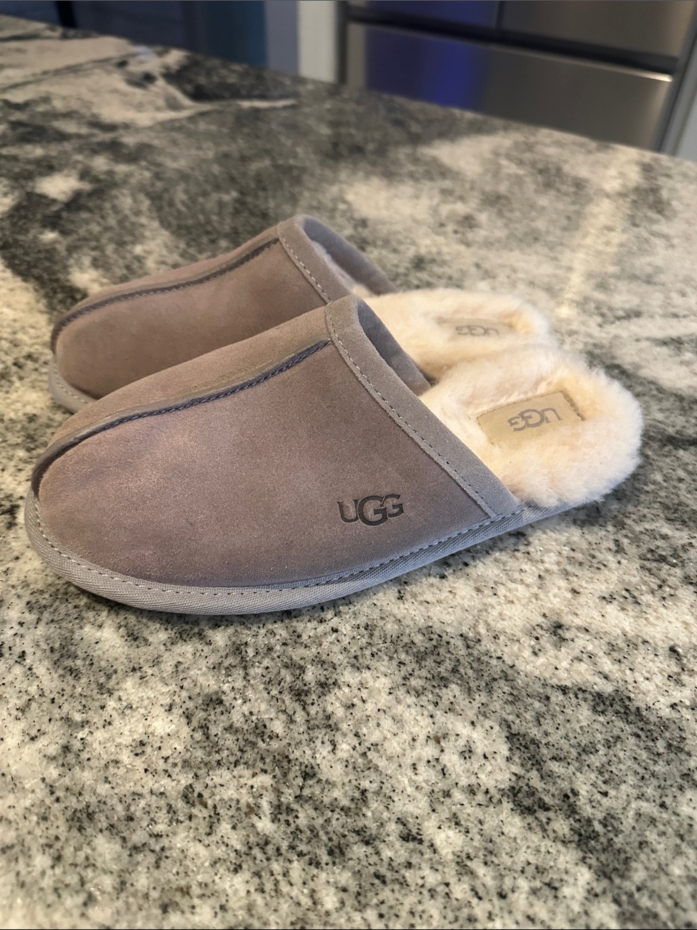 UGG Light Grey Suede Shearling Scuff Slippers